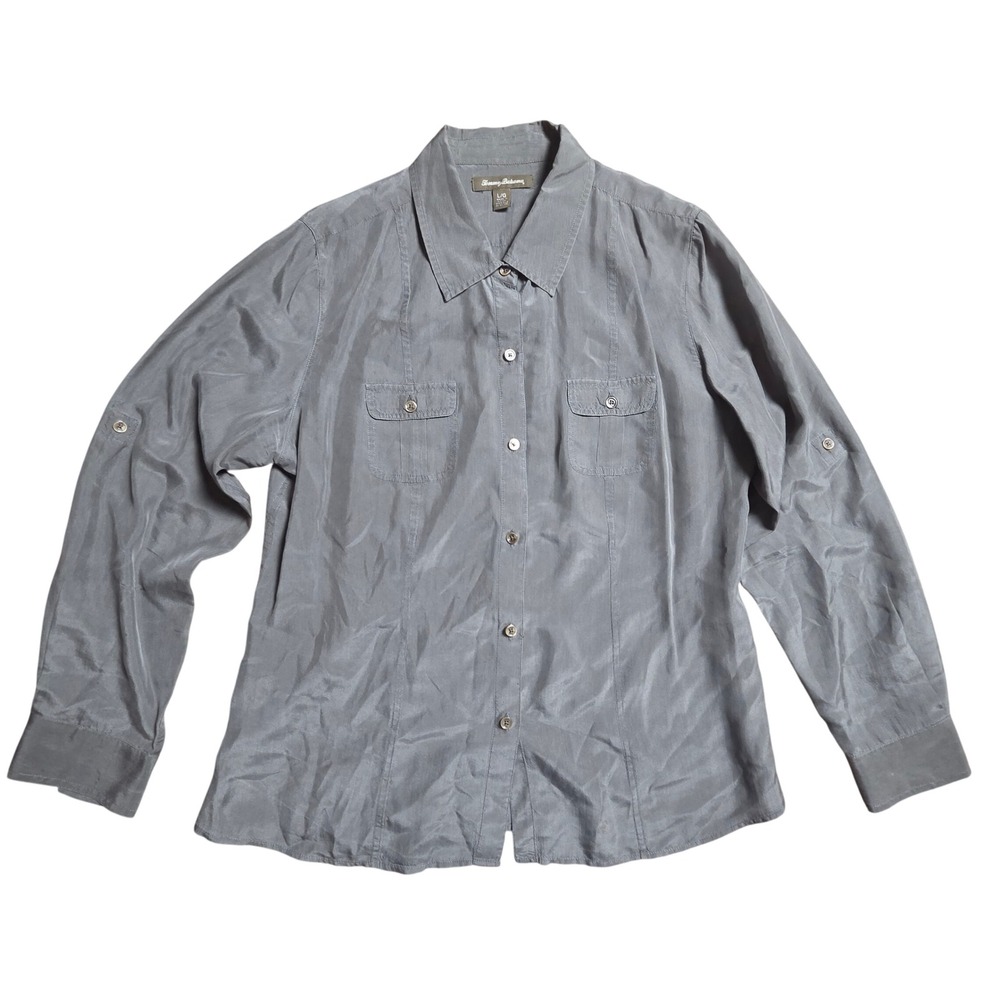 Tommy Bahama Womens 100% Silk Roll Tab Long Sleeve Button Up Shirt L Utility